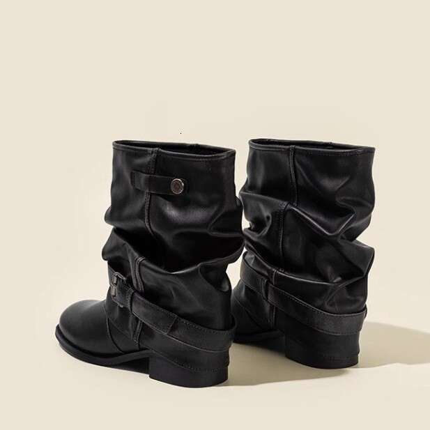 Cowhide Large Tube Wrinkled Pile 2025 New Western Cowboy Cuff Chunky heel Short Designer Shoe Boots for Women