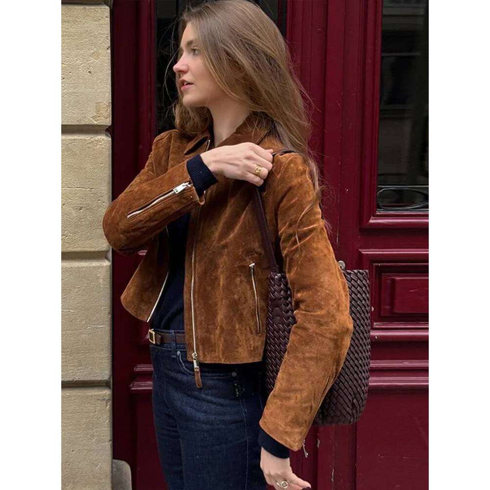 Vintage Women's Zipper Suede Short Jacket Long Sleeve Lapel Pockets Brown Slim Coat 2025 Autumn Lady All-Match Outwears