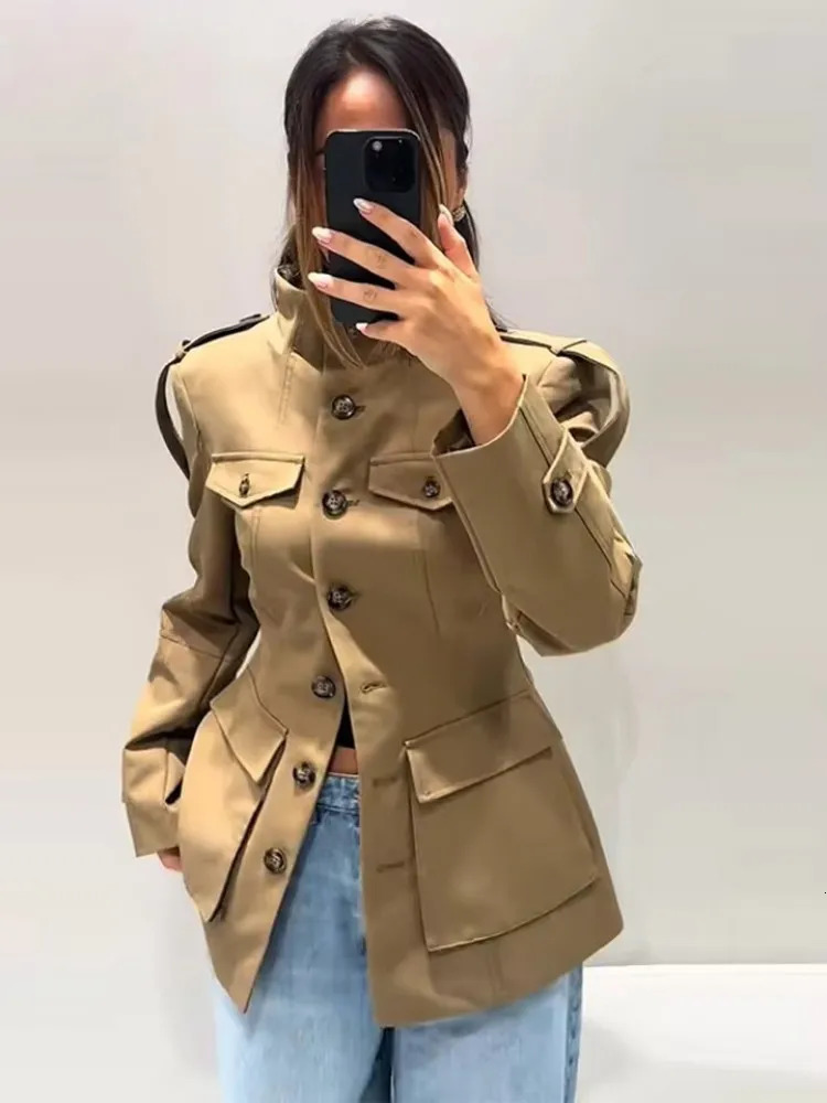 Tidalyf 2025 Women Casual Jacket High Neck Single Button Shoulder Strap Cuff Pocket n Chic Fashion Autumn 250930