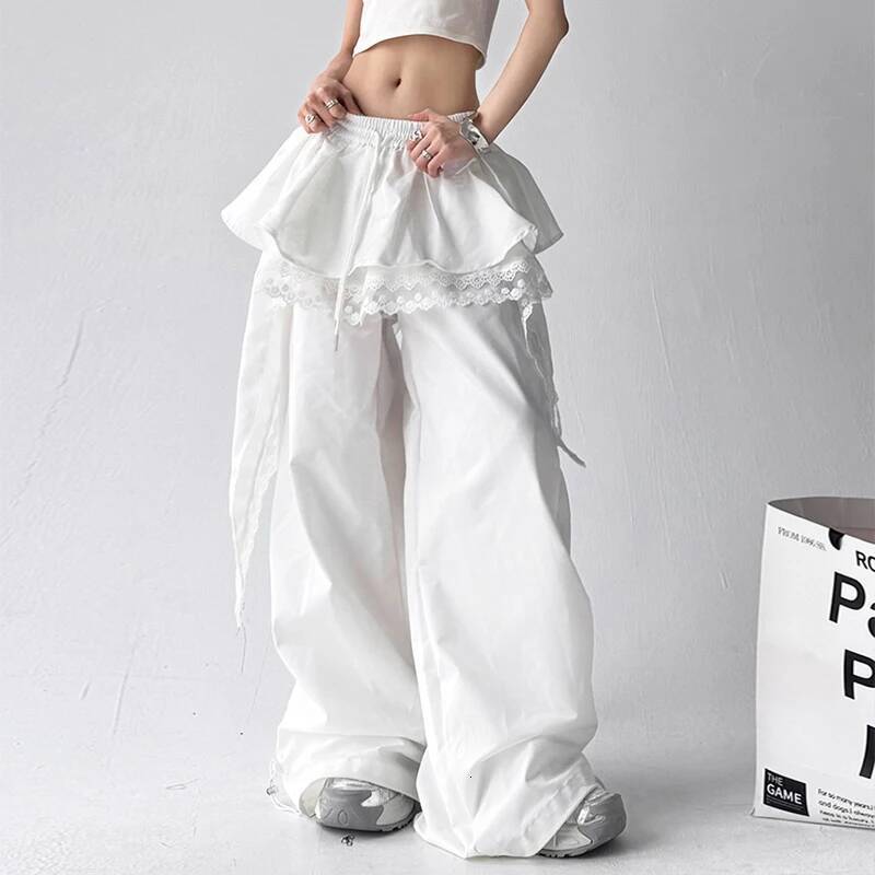 Y2K Black Cargo Women Streetwear Lace Patchwork White Wide Leg Pants Summer Gyaru Haruku Korean Baggy Trousers New dongdumaoyi