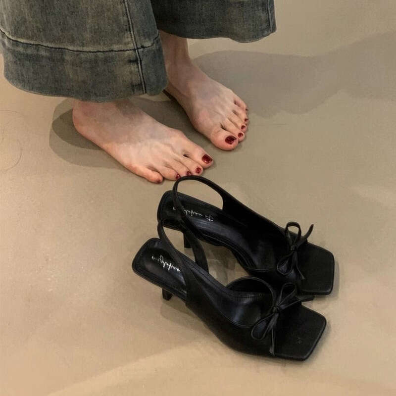 French Floral Sandals Square Open Toe Fairy Bow Thin heel One Strap High heels for Women