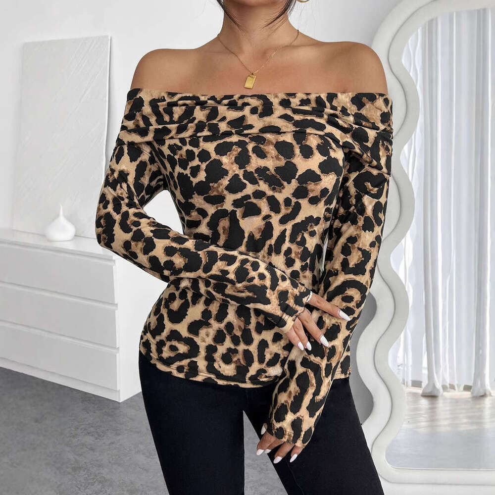 2025 Autumn and Winter New Women's Sexy Leopard Print Off-Shoulder Long Sleeve T-Shirt Top