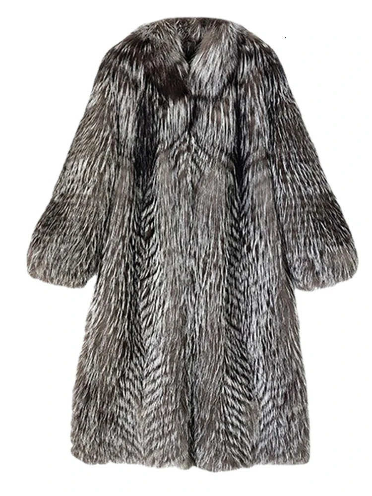 DEAT Fashion Silver Color Fur Long Coat Womens Lapel Loose Plush Thick Jacket Winter 7A1411 250930