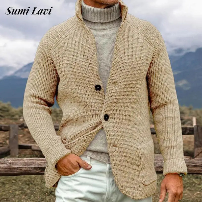 Vintage Stand Collar Singlebreasted Sweater Cardigan Men Spring Fall Long Sleeve Knitting Jacket Coat For Mens Casual Sweaters 250929