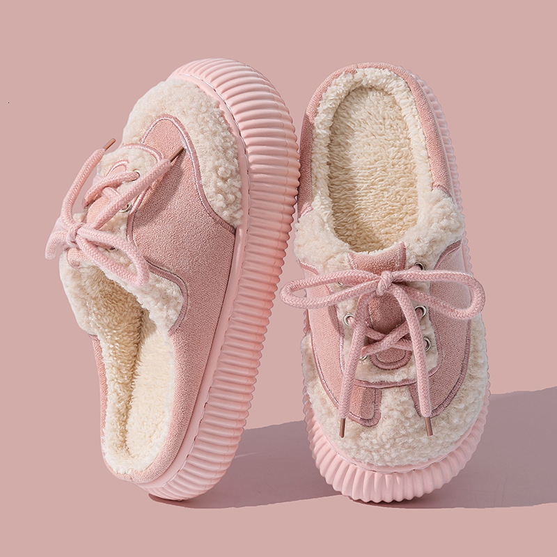 Korean Style Thick-Soled Winter 2025 New Plush Half for Women Outdoor Lace-Up Closed-Toe Cotton Slippers ddmymarket