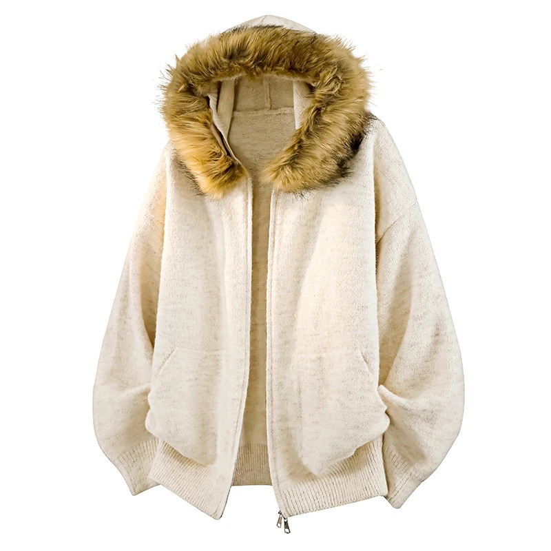 Mens Multi Color Hooded Knit Jacket Faux Fur Trim Zip Up Oversized Warm Trendy Winter Casual Outfits 250929