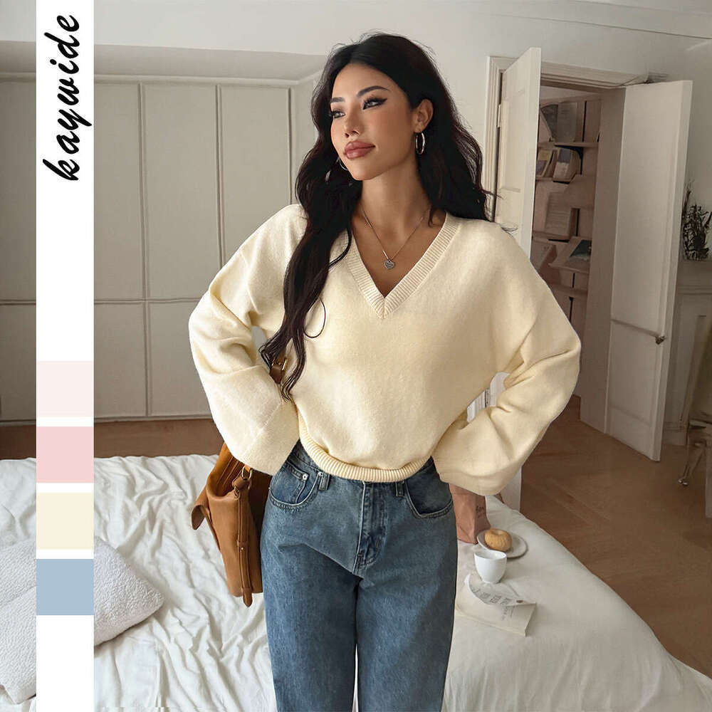 Y2K Hot Girl Style V-Neck Solid Color Long Sleeve Sweater Knitted Women's Clothing 2025 Autumn Winter