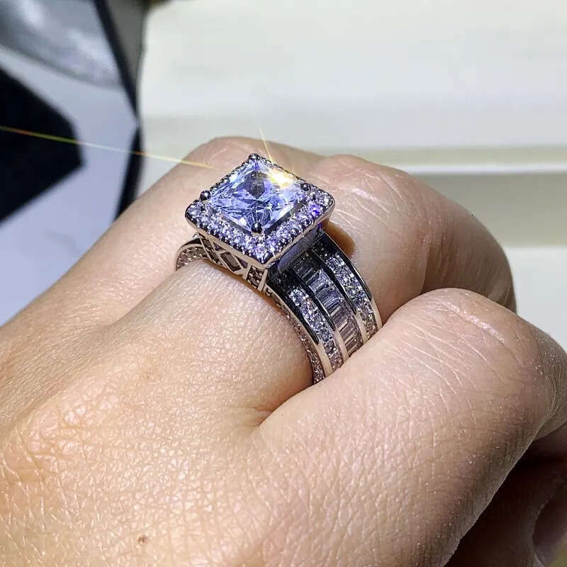 Rulalei Stunning Jewelry Sterling Sier Princess Cut Full White Topaz CZ Dia Promise Women Wedding Band Ring For Lover Gift