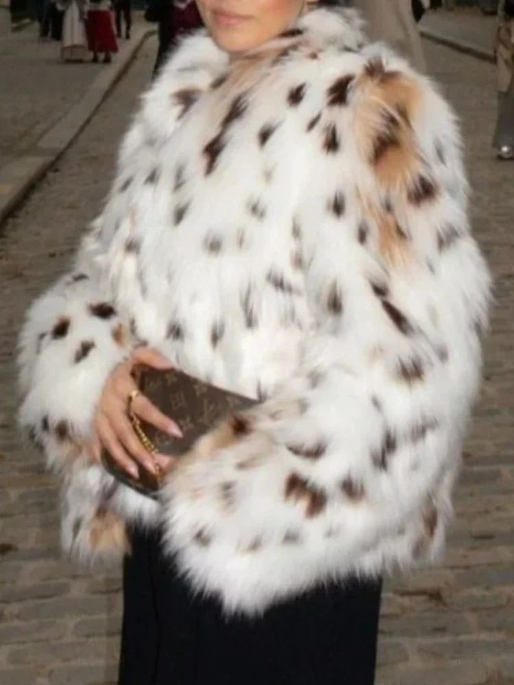 Print Faux Fur Coat Women Long Sleeve Winter Coats Woman in Outerwears for Fluffy Jacket 250930