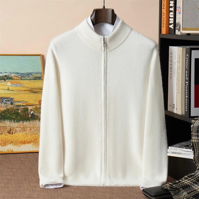 500g 100 Pure Cashmere Sweater Mens SevenNeedle DoublePly Thickened HalfTurtle Neck Zipper Cardigan Loose Knitted 250929