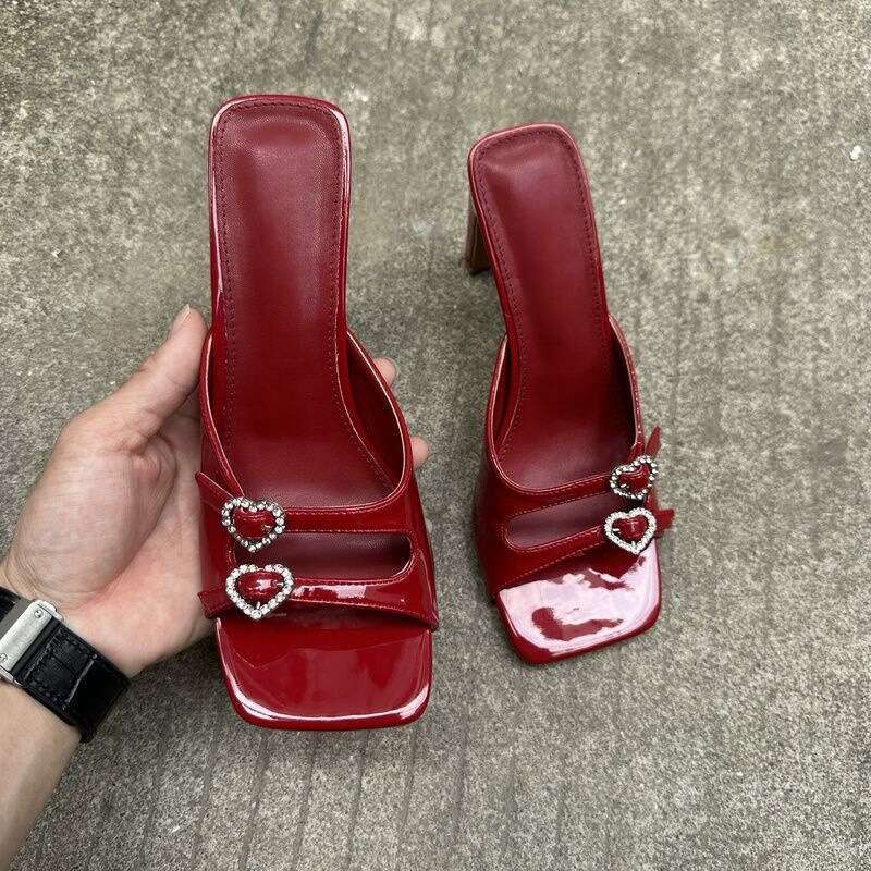 2025 New Rhinestone art Patent Leather Square Toe Slip-On Fairy Style Open-Toe heelegant Chunky heel Women's Sandals