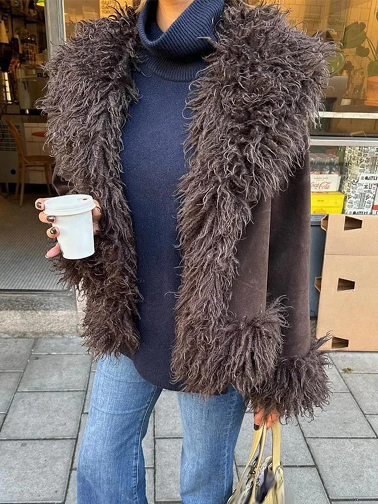 Vintage Solid Faux Fur Jacket Casual Plush Lapel Open Coats Female Autumn Winter Trendy Elegant Warm High Street Outwear 250930