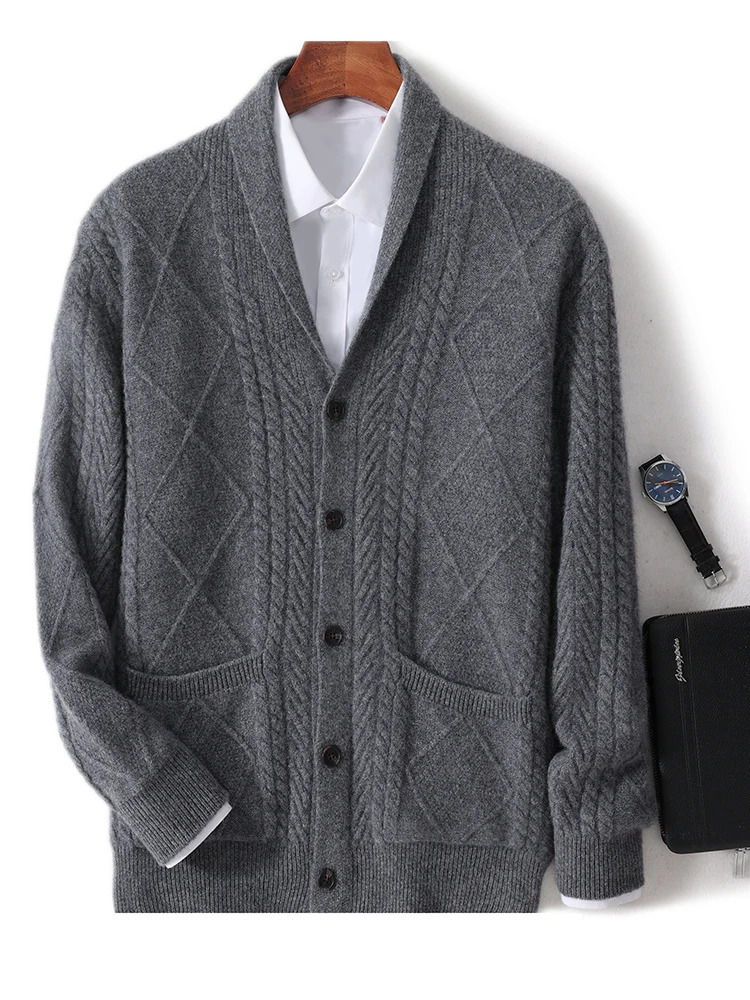 Men Wool Sweater Cardigan Smart Casual Autumn Winter Long Sleeve 100 Merino Knitwear Thick Cashmere Soft Twist Flower Tops 250929
