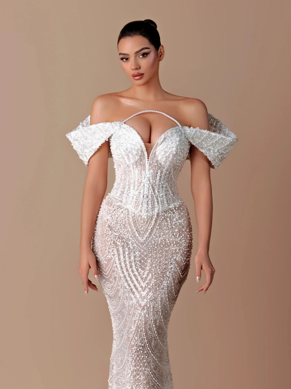 Unique Off Shoulder Wedding Dresses Pearls Sequins Bridal Gowns See Through Beading Mermaid Customized Sweep Train Vestidos De Novia Plus Size