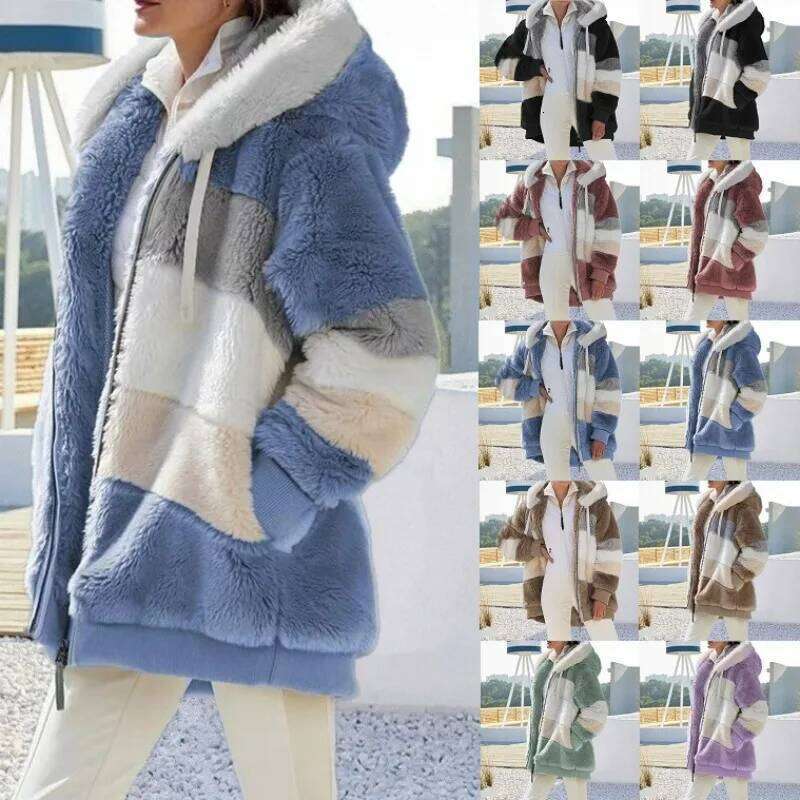 Oversized Jacket For Women 2023 New Autumn Winter Warm Plush Pocket Hooded Streetwear Loose Lady Outerwear Coat Roupas Feminina