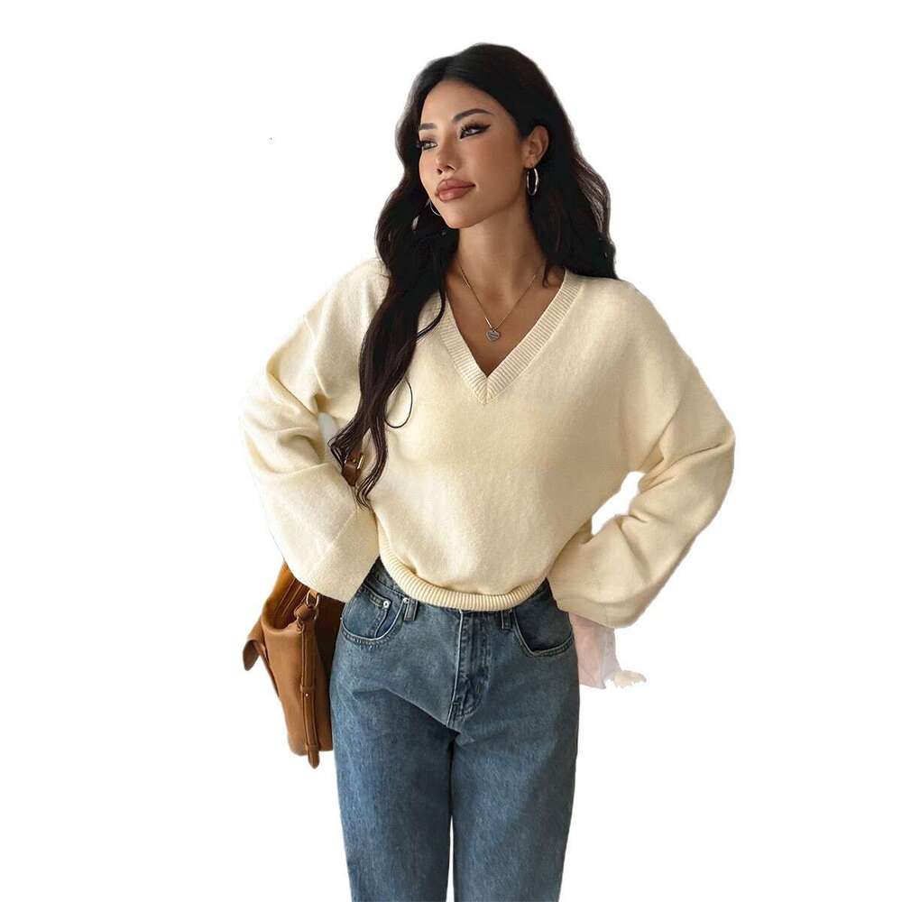 Y2K Hot Girl Style V-Neck Solid Color Long Sleeve Sweater Knitted Women's Clothing 2025 Autumn Winter