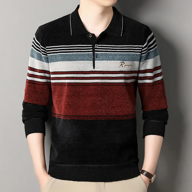 Mens Pullover Sweaters Retro Lapel Jersey Autumn Winter Thick Fleeced Elegant Brown Knitted 250929