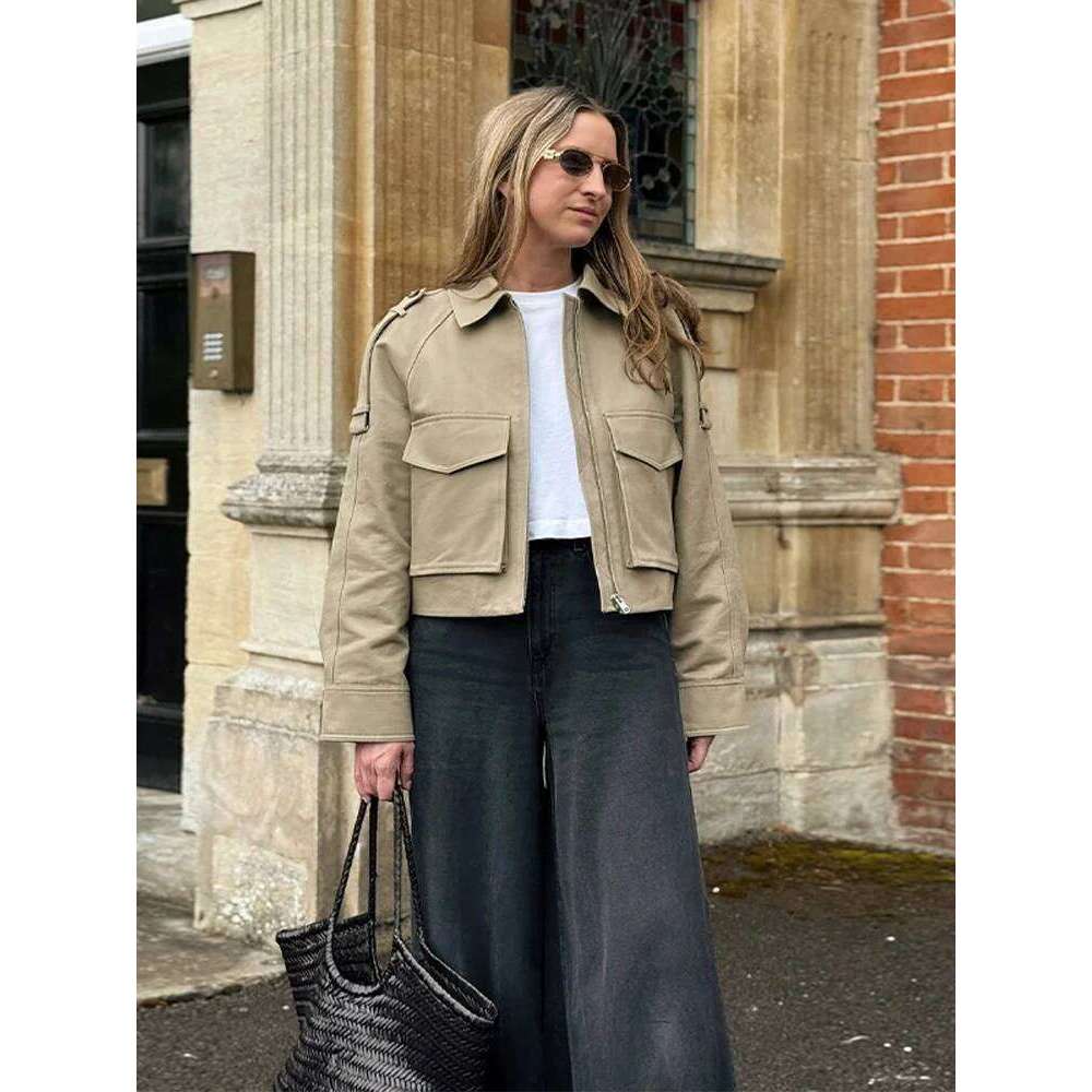 Vintage Women's Short Jacket Pockets Zipper Full Sleeve Khaki Green Thick Coats 2025 Spring Autumn Lady Loose Street Outwear
