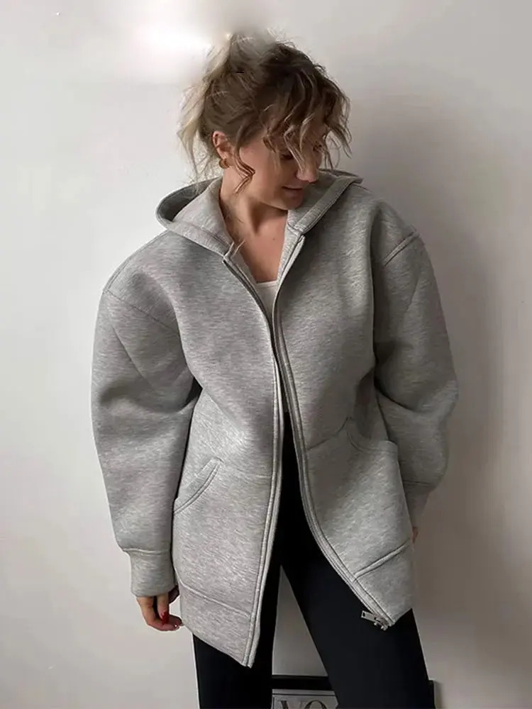 2025 Winter Womens Hoodie Coat Solid Zipper Jacket Top Female Commute Oversize High Street Outerwear Woman Sweatshirt 250930