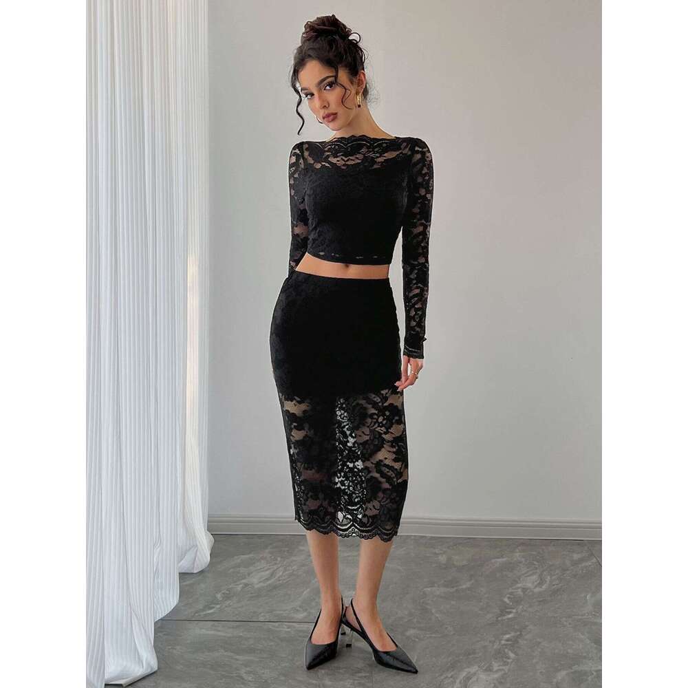 2025 Autumn and Winter New Sexy Women's Lace Jacquard Semi-Transparent Half Skirt Set