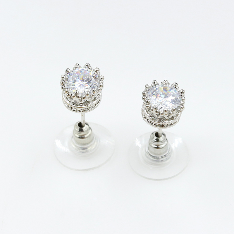 New Sier Plated Round Stud Crown Zircon Earrings Korean Style Ear Jewelry