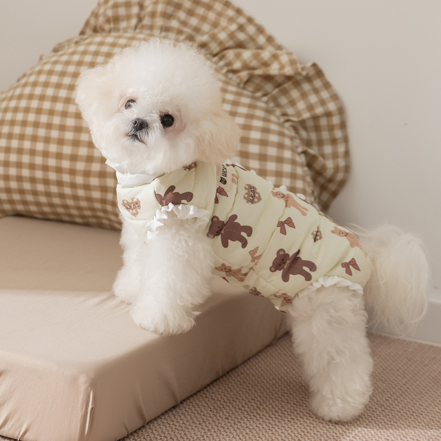 K3130 4-Legs Dog Pajamas with Hood, Christmas Themed Plaid Cotton Onesie for Small Dogs, Bichon, Maltese, Shih Tzu