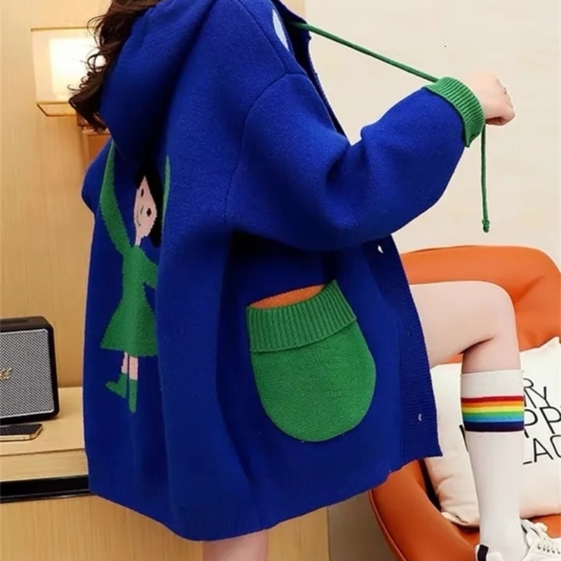 Hsa Women Jacket Loose Long Sleeves Oversize Sweaters Coat Spring Hooded cartoon sweater coat Patchwork Tops 240701wtt