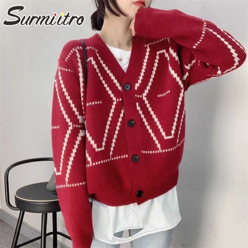 SURMIITRO Knitted Cropped Cardigan Women Spring Autumn Korean Style Red Argyle Long Sleeve Female Sweater Knitwear Short 210712wtt