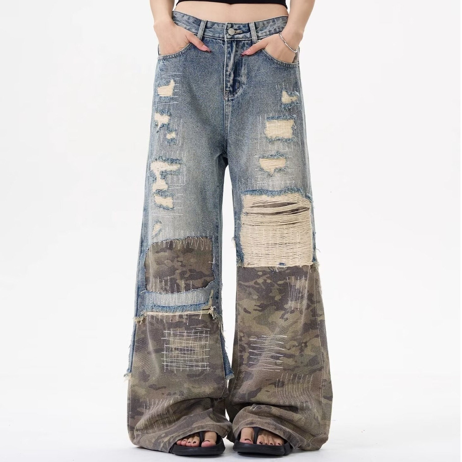 Gothic Men Women Vintage Leopard Jeans Y2K Clothes Hip Hop Letter Patchwork Embroidery Baggy Shorts Mid-rise Wide Leg Trousers 250731