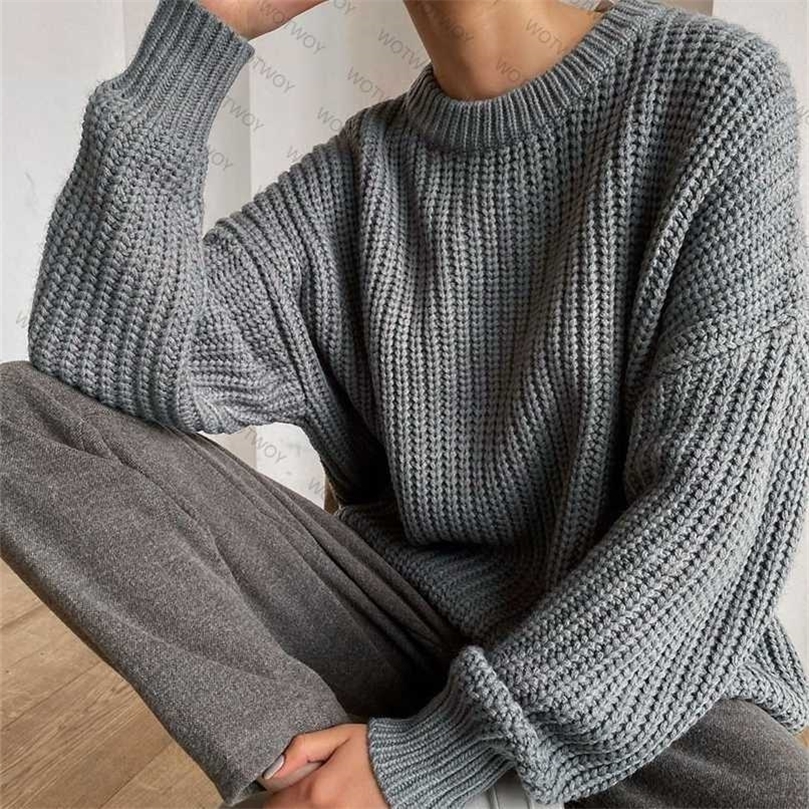 WOTWOY Autumn Winter Thickening Oversized Sweater Women Long Sleeve Casual Loose Pullovers Female Cashmere Solid Knitted Tops 211123wtt