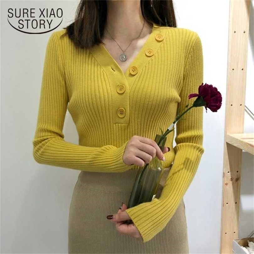 Autumn and Winter Korean Long Sleeve pullover V-neck Knitted Sweater Slim Gentle Knitwear with Button Women Pull Femme 10807 211123wtt