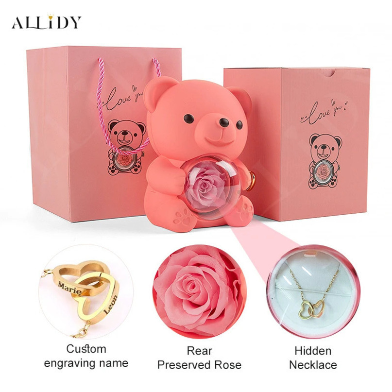 Truly preserved eternal rose teddy bearhug bear engraved with name necklace jewelry box Mothers Day birthday holiday gift female 250411