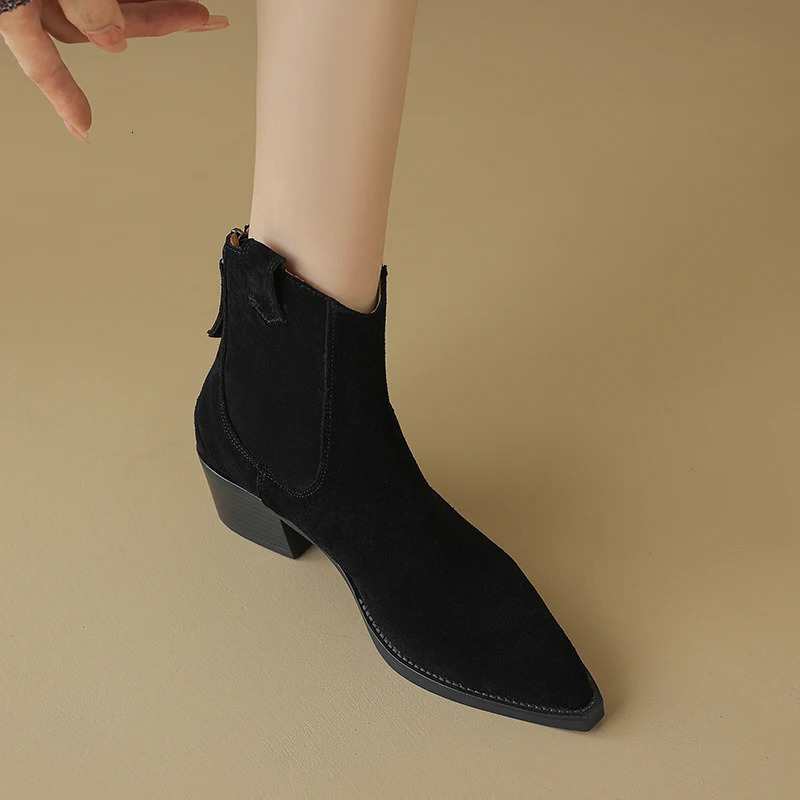 Winter Classic Chelsea Boots for Woman Cow Suede Pointy Toe Wedge Heel Ankle Boots Simple Comfortable Cowboy Boots Female 250930