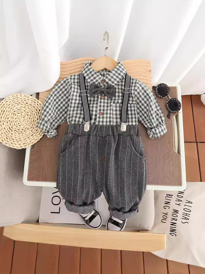 Trendy Toddler Boys' Plaid Long-Sleeve Suspender Pants Set Stylish Casual Outfit for Spring & Autumn 2025s free shipping