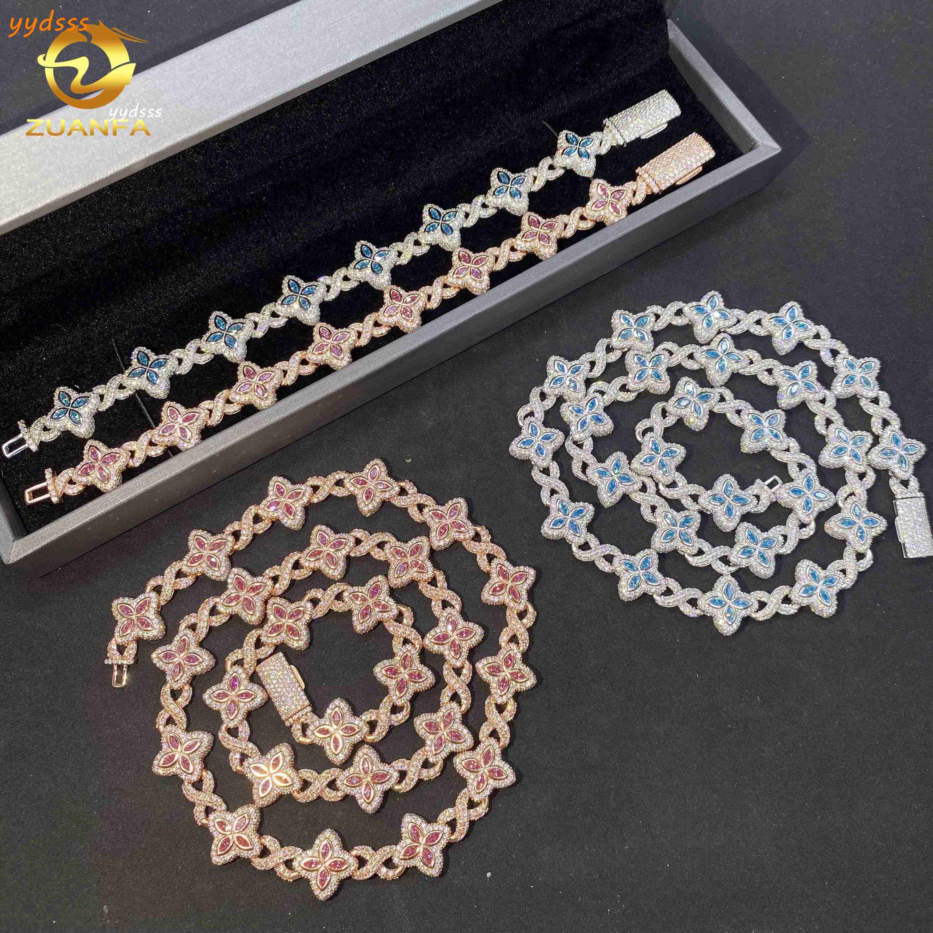 15mm Hot Sale Hip Hop Jewelry Marquise VVS Moissanite 925 Silver Iced Out Clover Bracelet Blue Pink Diamond Cuban Chain Necklace