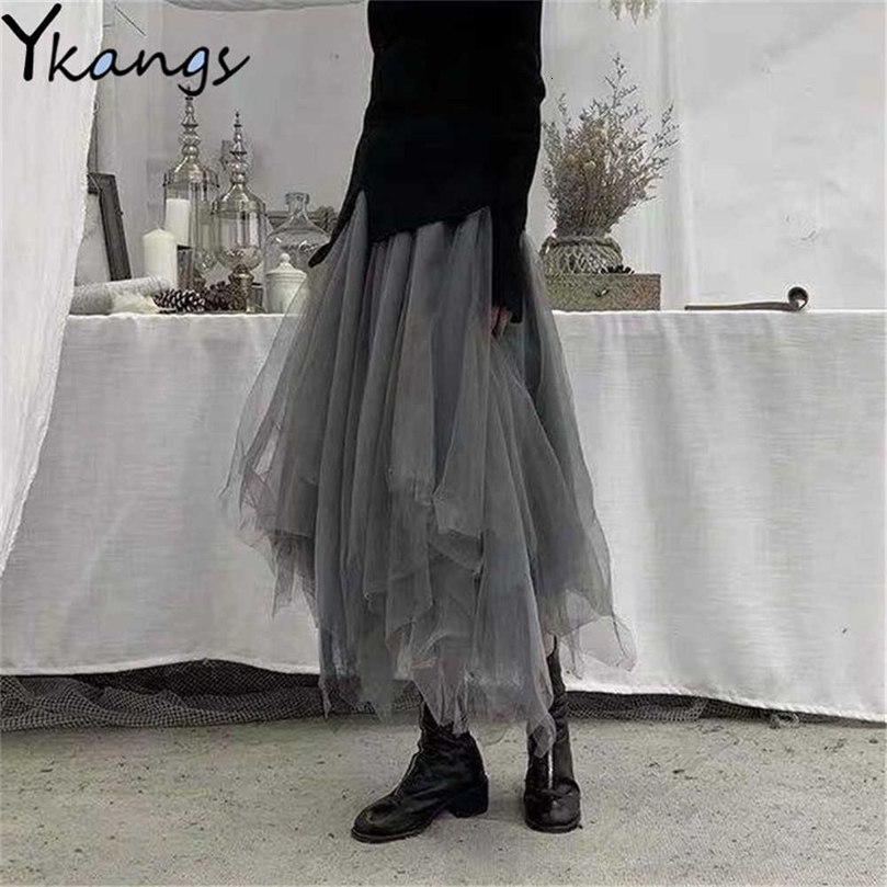 Gothic Gray Tulle Long Irregular Pleated Skirts Elastic High Waist A-Line Mesh Midi Skirts Vintage Punk Streetwear 210619wtt