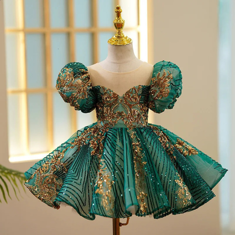 Baby girl dress green lace sequin Christmas 1year baby birthday party princess first exchange 240909