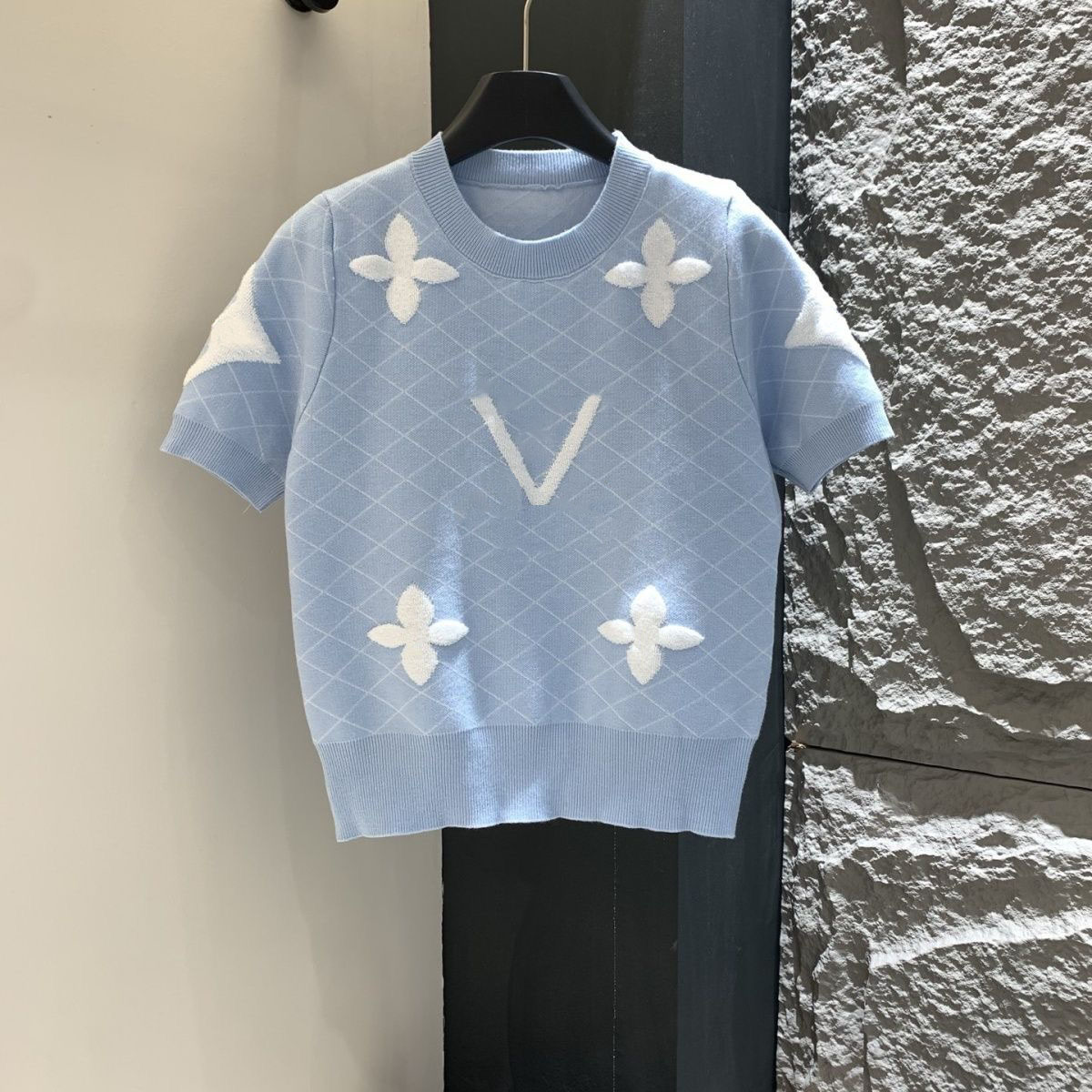 New letter patterned round-neck sweater, knitted jacquard loose-fitting sweater, versatile stylish top, short-sleeved women's