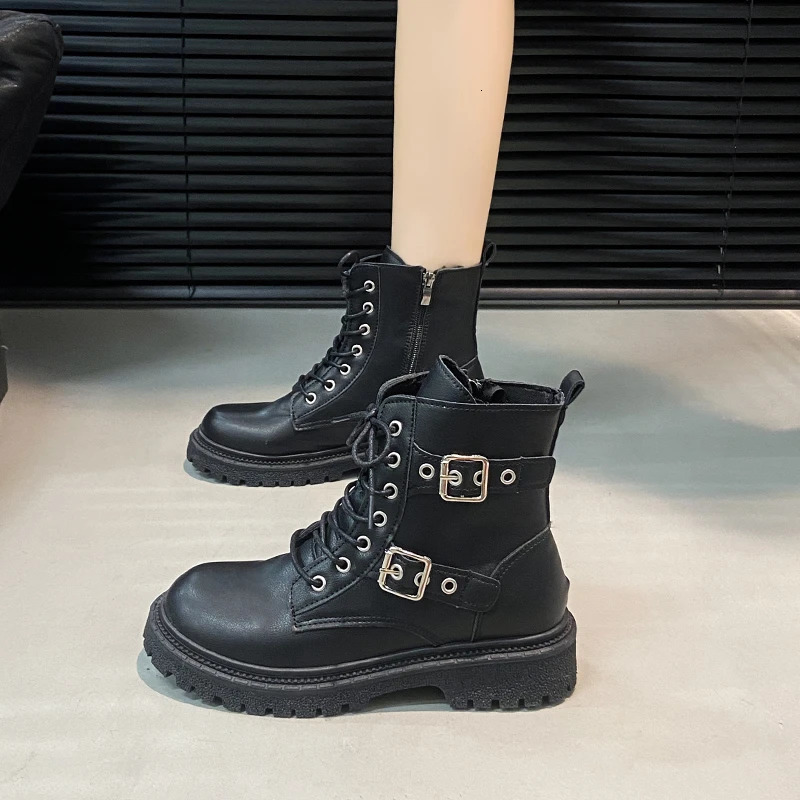 Round Toe Fashionable Side Zipper Motorcycle Shoes Solid Color Elegant Warm Casual Laceup Nonslip Womens Boots 250930