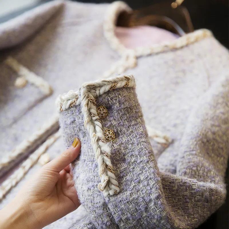 2025 European fashion style women's clothing lavender tweed cardigan top composite short design designer small autumn and winter coarse wool coat