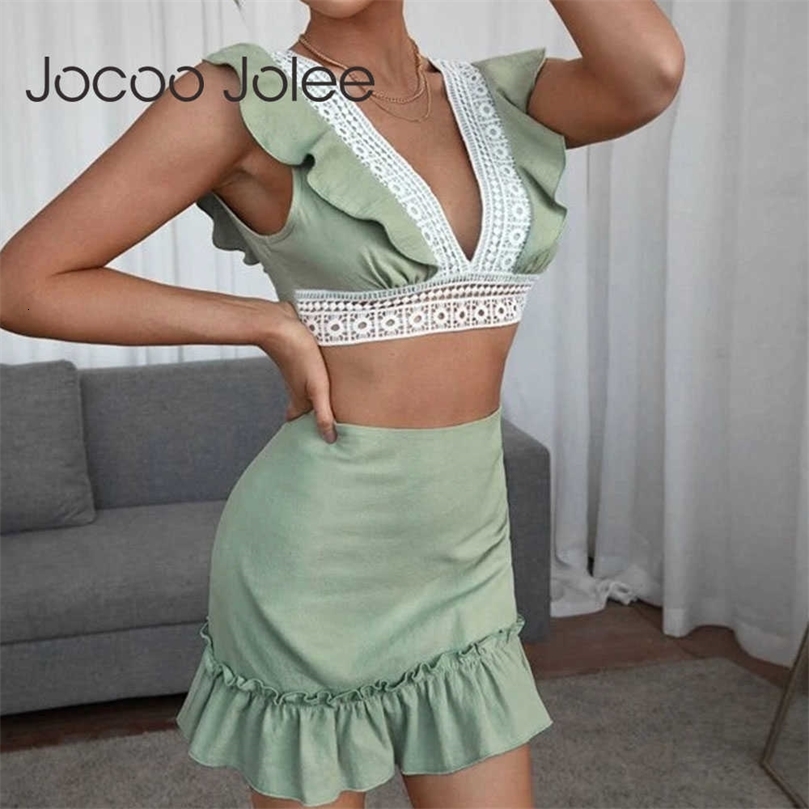 Jocoo Jolee Elegant Lace Two Pieces Sets Sexy V Neck Ruffles Backless Cropped Tops and High Waist Skirts Casual Slim Mini Suits 210619wtt