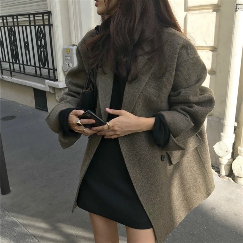 Women Winter Elegant Short Cashmere Overcoat Wool Coat Loose Long Sleeve Double Breasted Parka Oversized Chic Cloak 200923wtt