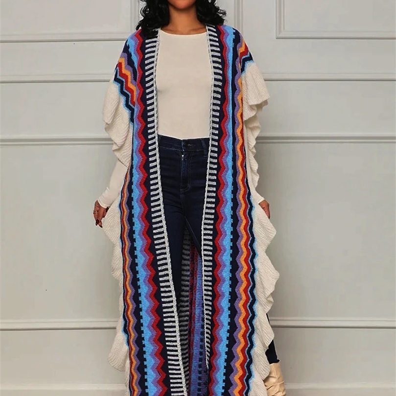 Women Half Sleeve Open Side Split Sweater Shawl Coat Street Colorful Striped Ruffles Knitted Festival Birthday Long Cardigans 240701wtt
