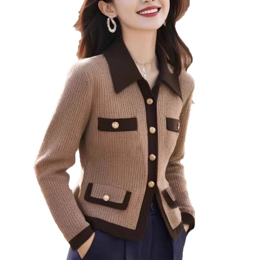 2025 autumn and fashion winter new French chic small designer jacket women's sweater cardigan wool unique design color block coarse short coat kn