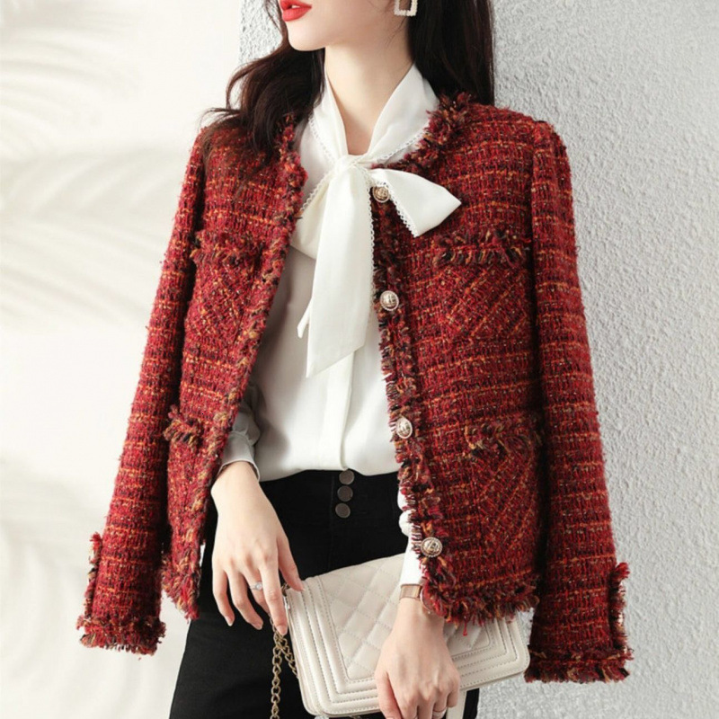 2025 Elegant Coarse Wool Short Coat design for Social New Year, Red Short Woven Jacket, Designer Jacket, Women's Floral and Tassel Top, Autumn/Wi