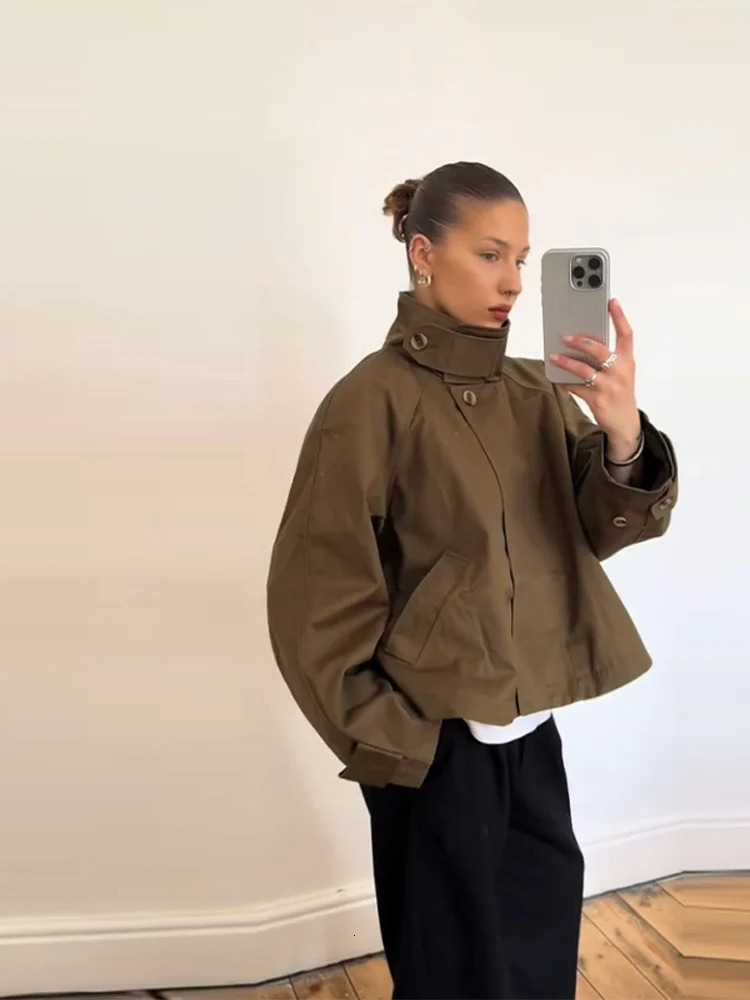 Fashion Womens Trench Jacket Stand Collar Single Breasted Long Sleeve Casual Outerwear 2025 Autumn Street Lady Short Coats 250929