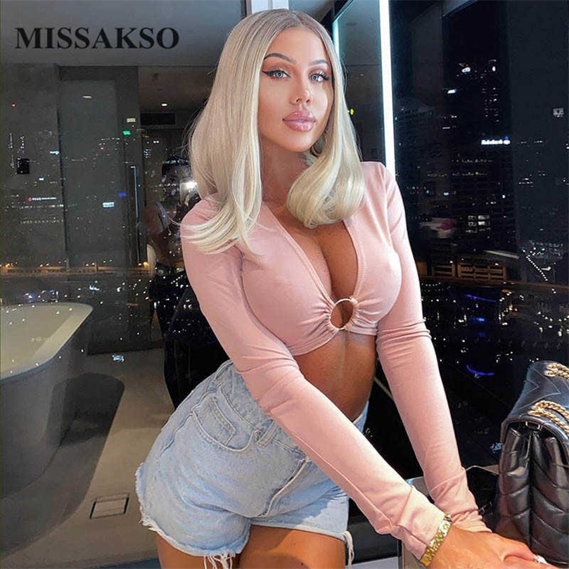 Missakso Autumn Women Crop Top Streetwear Long Sleeve Fashion Female Black White Pink Sexy Skinny Shirt 210625wtt
