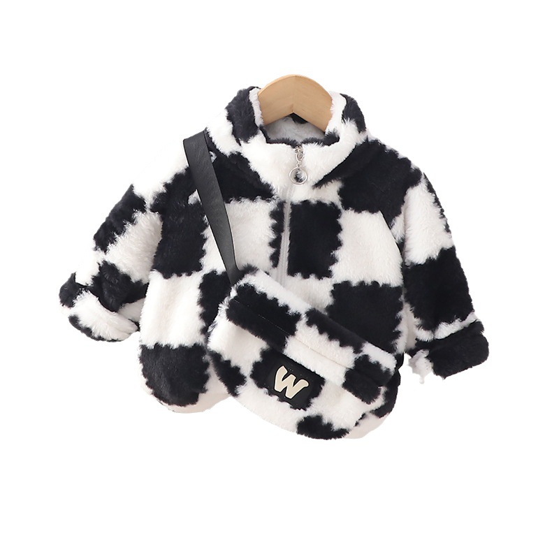 New Toddler Boys' Winter Plaid Fleece-Lined Jacke Stylish Trendy Korean-Style Zip-Up Sports Coat 2025