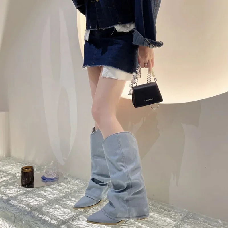 Women Pleats Blue Denim Thigh High Boots Autumn Thick Heeled Pointed Toe Cowboy Boots Woman Slip On Western Long Boots 250930