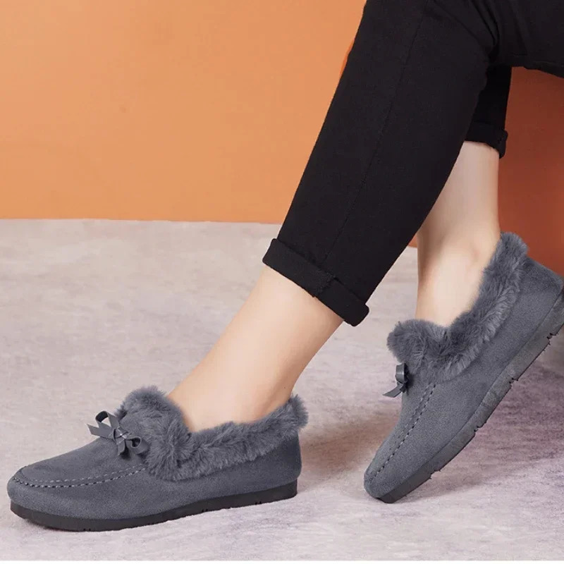 Women Winter Casual Shoes Moccasins Soft Flat Nonslip Loafers Fashion Comfort Warm Plush Bow Slip on Female Cotton Shoes 250930